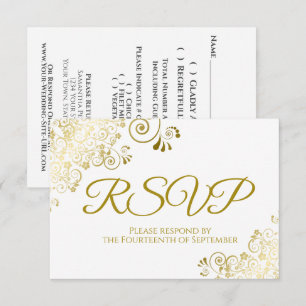 White with Elegant Gold Lace Frilly Wedding RSVP Card