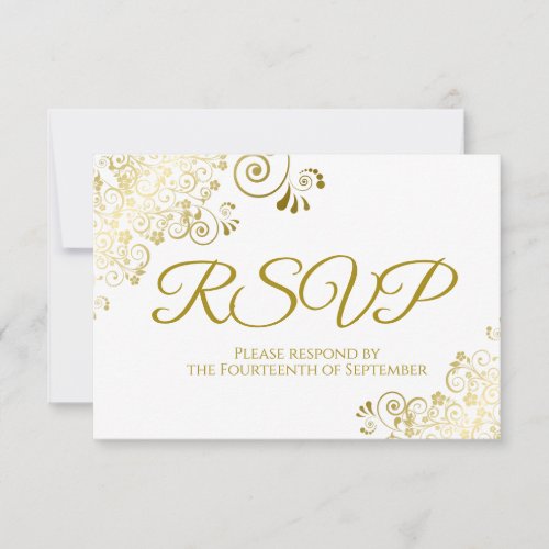 White with Elegant Gold Lace Frilly Wedding RSVP Card