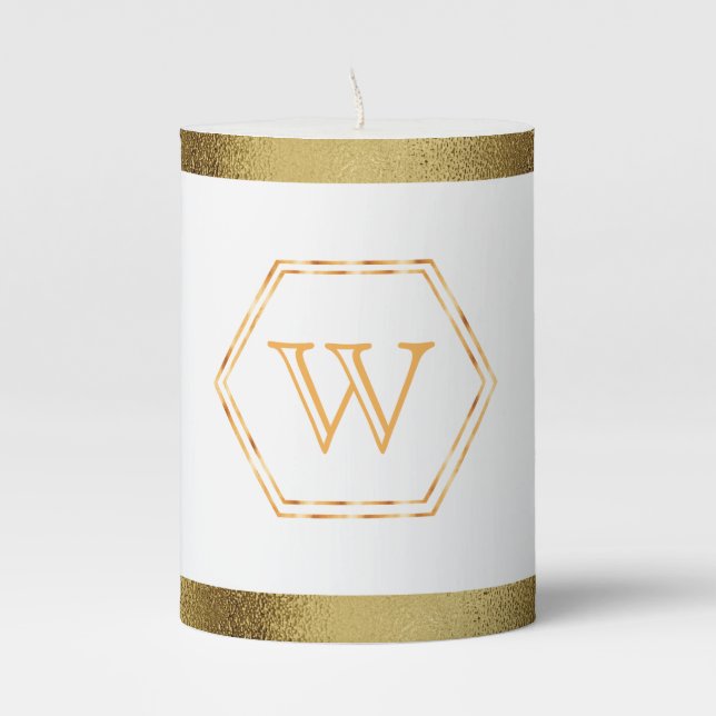 White with faux gold hexagon frame monogrammed pillar candle (Front)