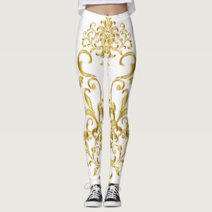 White with Gold Damask Detailing Athletic Leggings