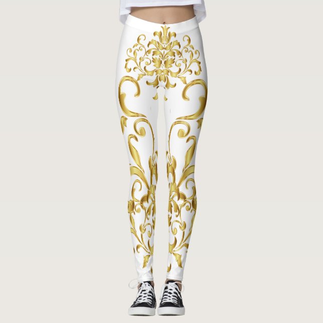 White with Gold Damask Detailing Athletic Leggings (Front)