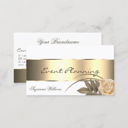 White with Gold Decor and Cute Rose Flower Modern Business Card