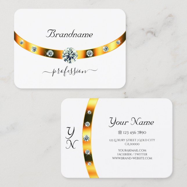 White with Gold Decoration Diamonds and Monogram Business Card (Front/Back)