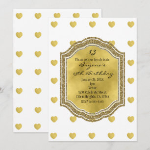 White with Gold Hearts Birthday Party Invitations