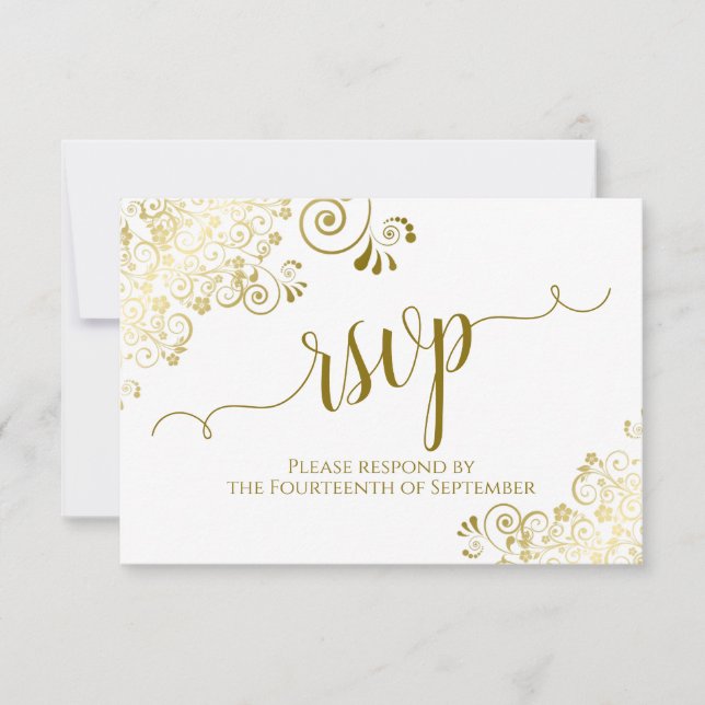 White with Gold Lace Elegant Calligraphy Wedding RSVP Card (Front)