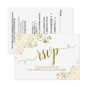 White with Gold Lace Elegant Calligraphy Wedding RSVP Card