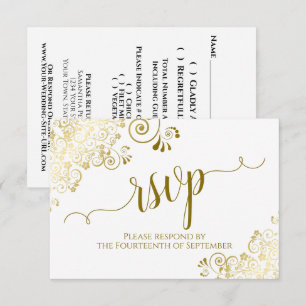 White with Gold Lace Elegant Calligraphy Wedding RSVP Card