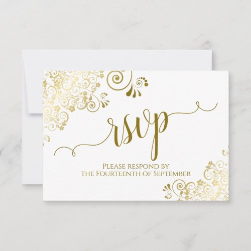 White with Gold Lace Elegant Calligraphy Wedding RSVP Card