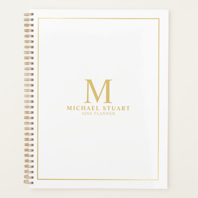 White with Gold Personalized Monogram and Name Planner (Front)