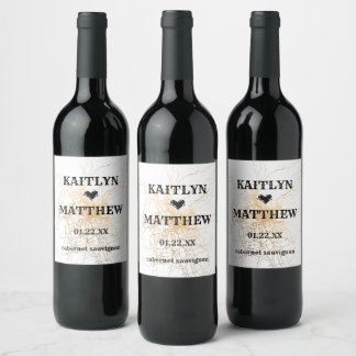 White with golden abstract pattern wedding wine label