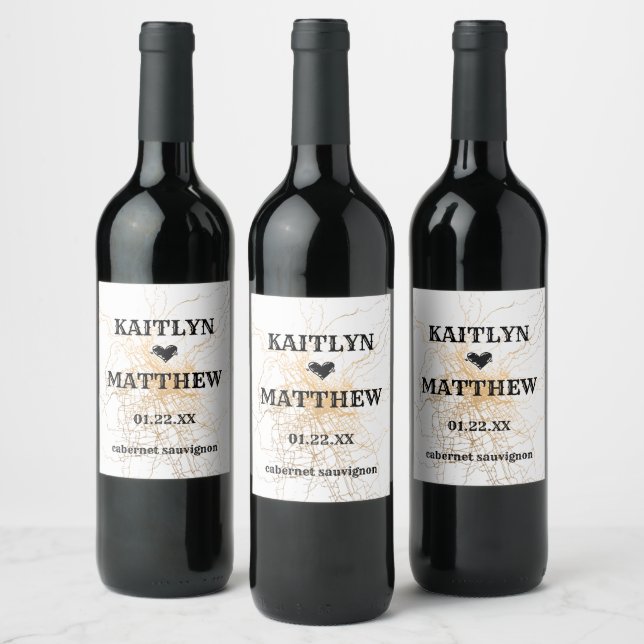 White with golden abstract pattern wedding wine label (Bottles)