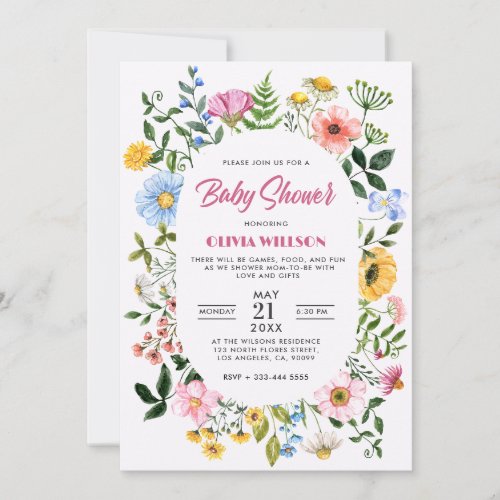 White With Green Floral Frame baby Shower Invitation