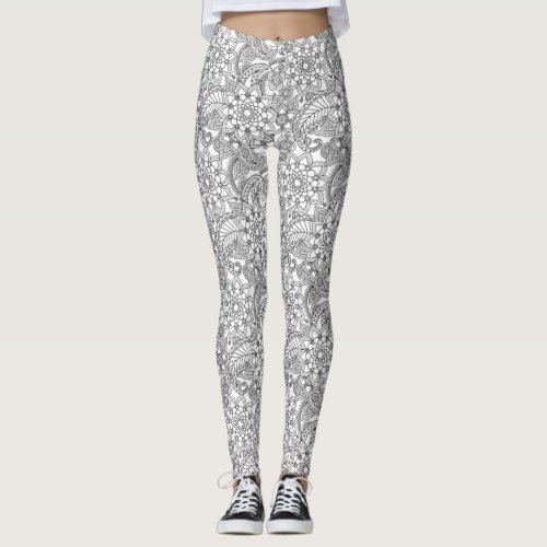 White with Light Grey Floral Lace Pattern Leggings