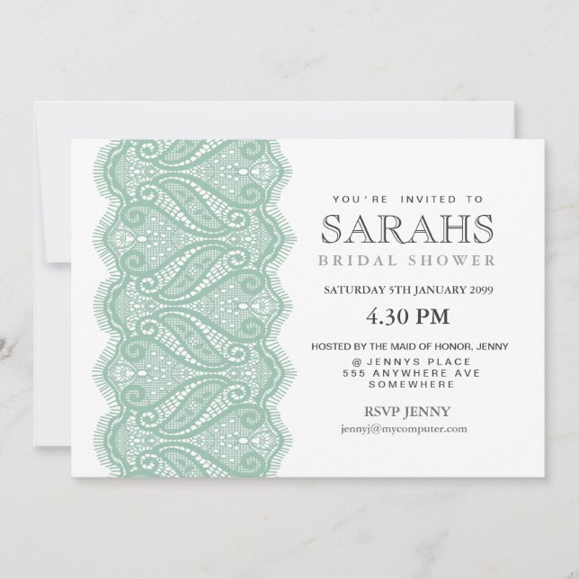 White with Mint Lace Bridal Shower Party Invite (Front)