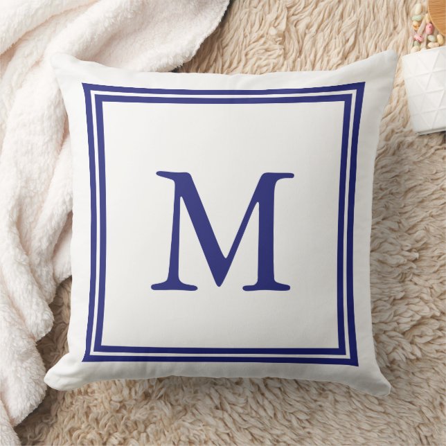 White with Nautical Blue Double Frame Monogram Throw Pillow (Blanket)