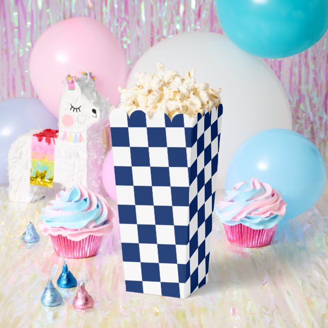 White with Navy Blue Square Pattern Popcorn Favor Boxes (Party)