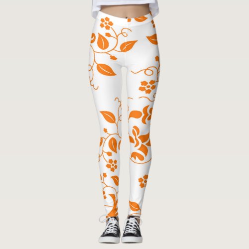 White with Orange Floral Pattern Leggings