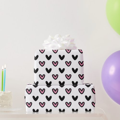 White with Pink  Black Hearts Wrapping Paper
