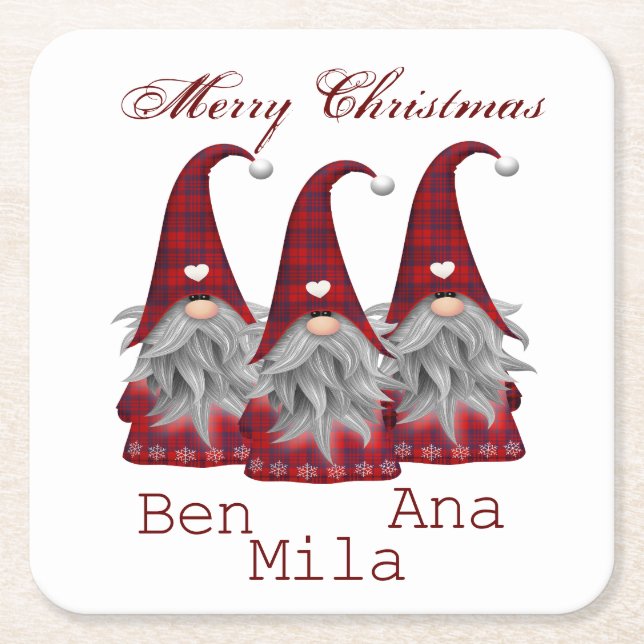 White  with red gnome square paper coaster (Front)