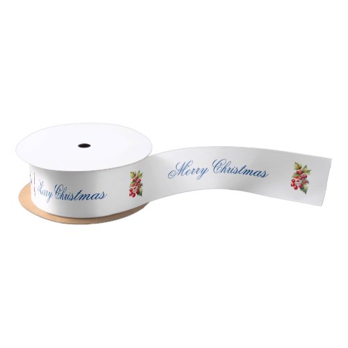 White with Red Holly Berries Gift Wrapping Satin Ribbon