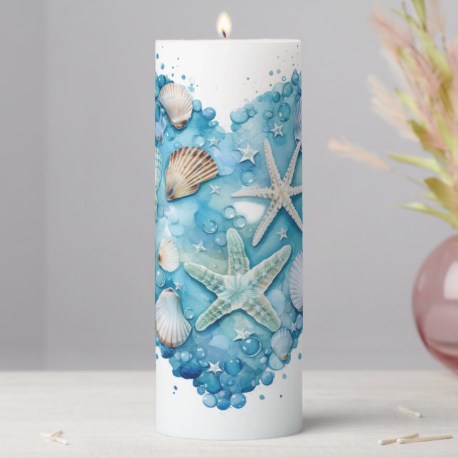 WHITE WITH SHADES OF BLUE OCEAN & SEASHELLS PILLAR CANDLE (In Situ)