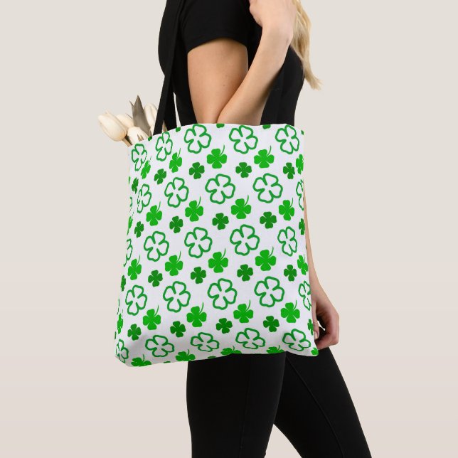 WHITE WITH SHADES OF GREEN IRISH CELTIC SHAMROCKS TOTE BAG (Close Up)