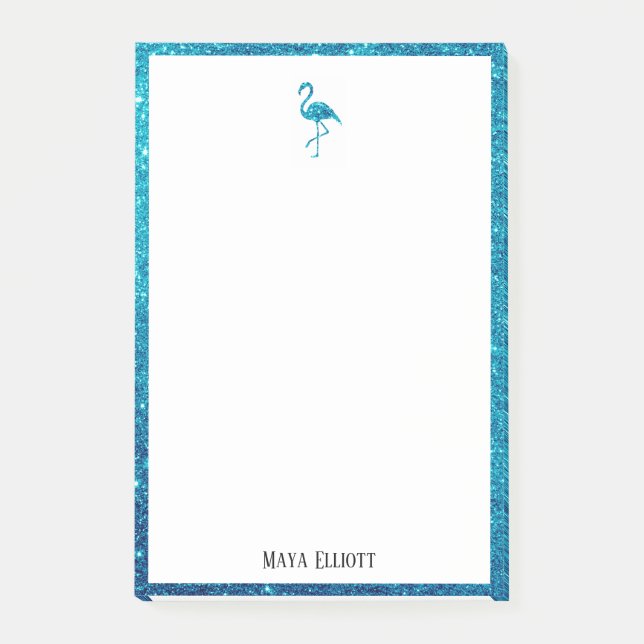 White with Teal Glitter Flamingo & Border w/ Name Post-it Notes (Front)