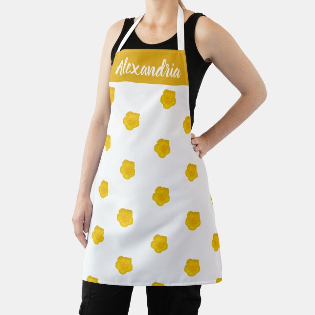White With Yellow Wildflower Photos Custom Name Apron (Insitu)