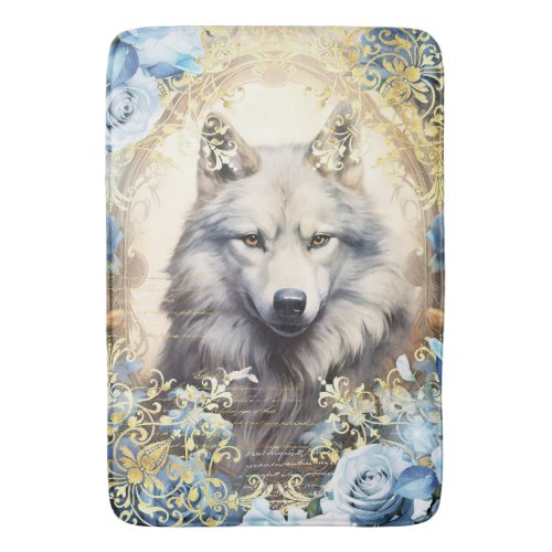 White Wolf and Blue Roses Bath Mat