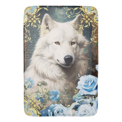 White Wolf and Blue Roses Bath Mat