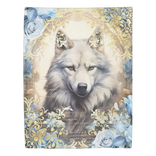 White Wolf and Blue Roses Duvet Cover