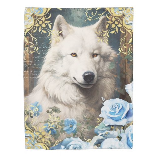 White Wolf and Blue Roses Duvet Cover