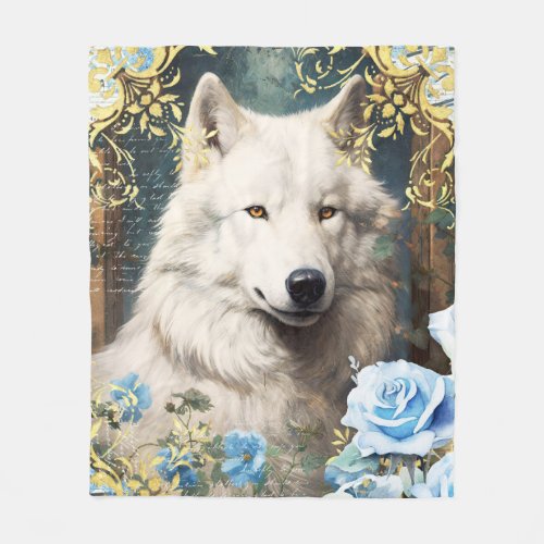 White Wolf and Blue Roses Fleece Blanket