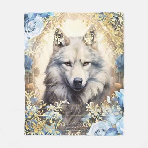 White Wolf and Blue Roses Fleece Blanket