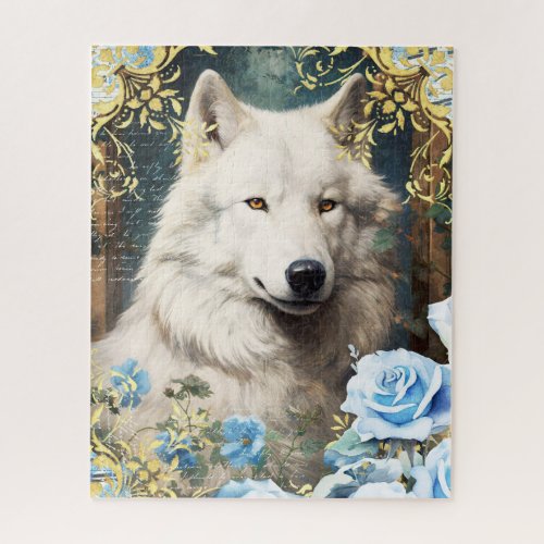 White Wolf and Blue Roses Jigsaw Puzzle