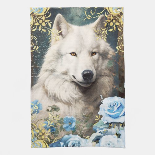 White Wolf and Blue Roses Kitchen Towel