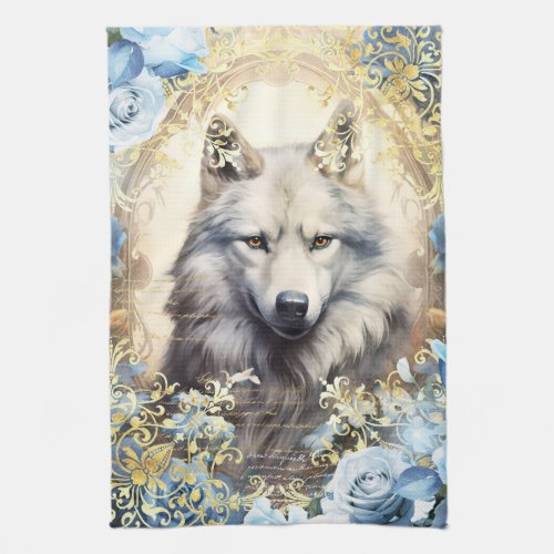 White Wolf and Blue Roses Kitchen Towel