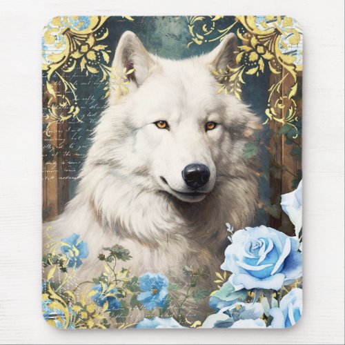 White Wolf and Blue Roses Mouse Pad