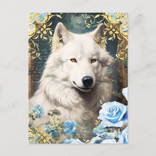 White Wolf and Blue Roses Postcard