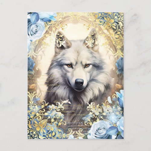 White Wolf and Blue Roses Postcard