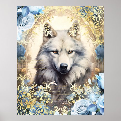 White Wolf and Blue Roses Poster