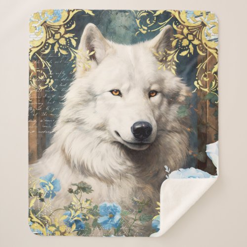 White Wolf and Blue Roses Sherpa Blanket