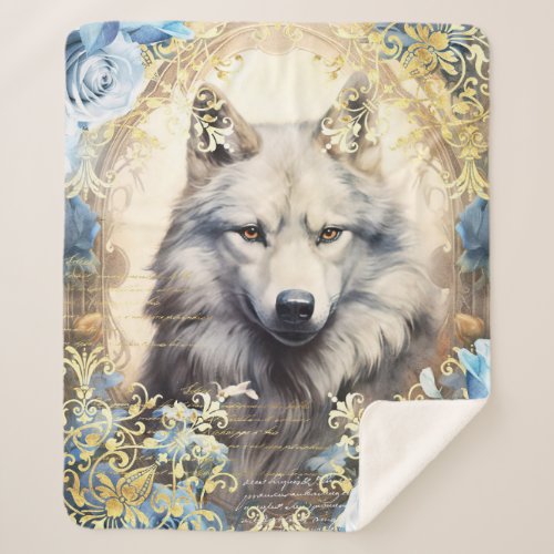 White Wolf and Blue Roses Sherpa Blanket