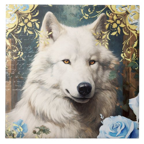 White Wolf and Floral Damask Ceramic Tile