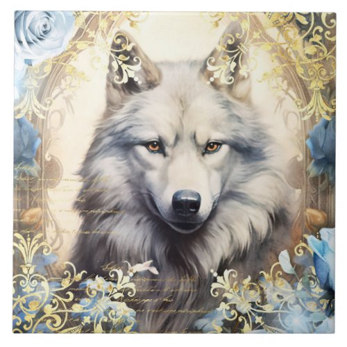 White Wolf and Floral Damask Ceramic Tile