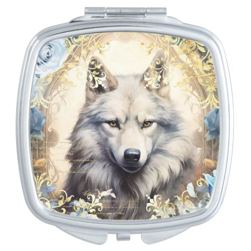 White Wolf and Floral Damask Compact Mirror