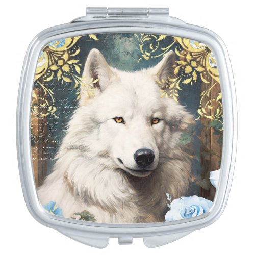 White Wolf and Floral Damask Compact Mirror