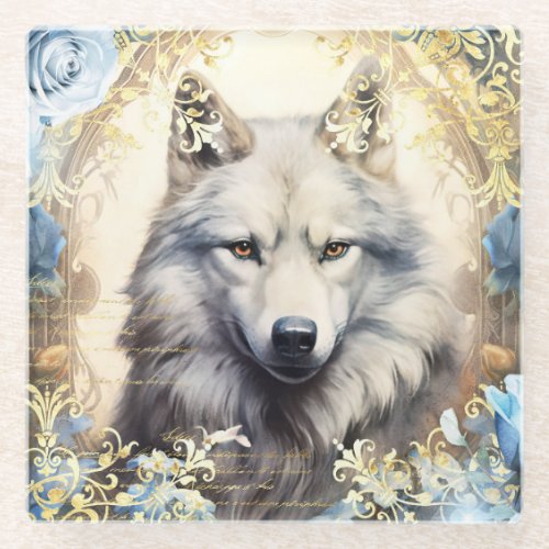 White Wolf and Floral Damask Glass Coaster