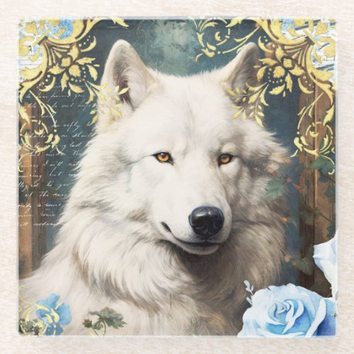 White Wolf and Floral Damask Glass Coaster