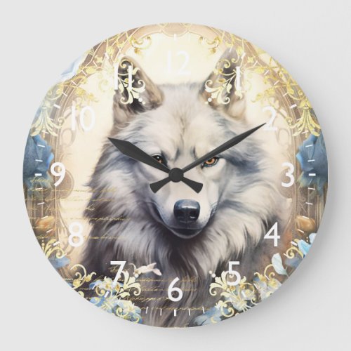 White Wolf and Floral Damask Large Clock